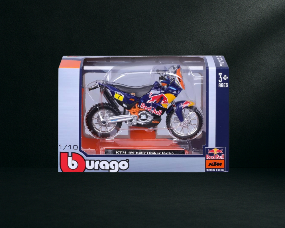 Bburago 1/18 KTM 450 Rally Motorcycle, Blue/Orange