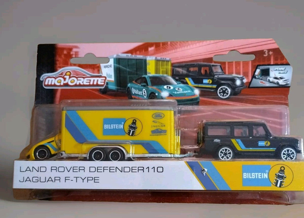 Majorette Bilstein Race Trailer Set Land Rover Defender 110 & Jaguar F-Type (Uncarded)